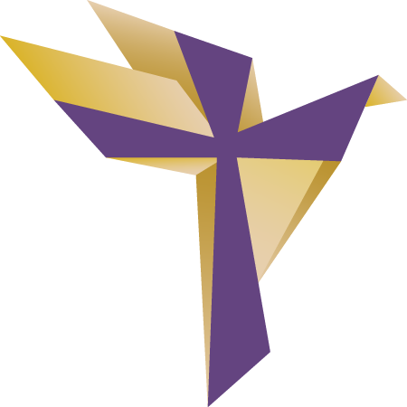 Purple and gold cross with dove on the right arm of the cross